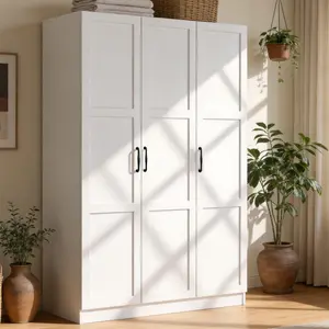 Triple-Door White & Black Wardrobe Closet - Large-Capacity Bedroom Armoire with Hanging Rod, Adjustable Shelves, Space-Saving Home Storage Cabinet