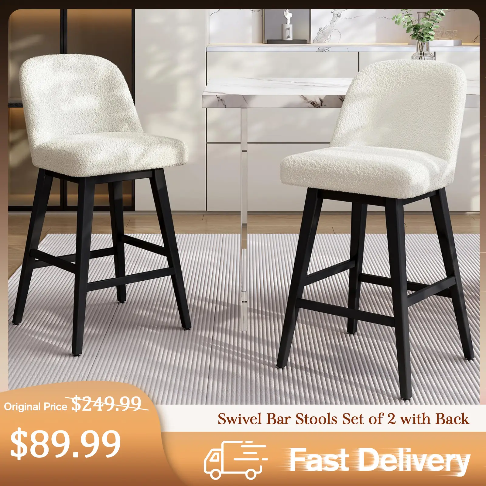[TikTokShopfalldealsforyou] AMERLIFE Bar Stools Set of 2, Counter Height Bar Stools, Stools for Kitchen Counter, Swivel Bar Stools with Back, 26.8" Se