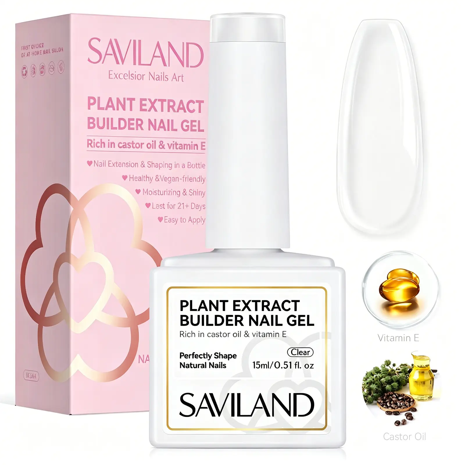 SAVILAND 15ml Clear Builder Nail Gel – Bottle Gel for Nail Extensions, Hard Gel Strengthener Enriched with Castor Oil & Vitamin E for Repairing and Reinforcing Damaged Nails, Ideal for Nail Art