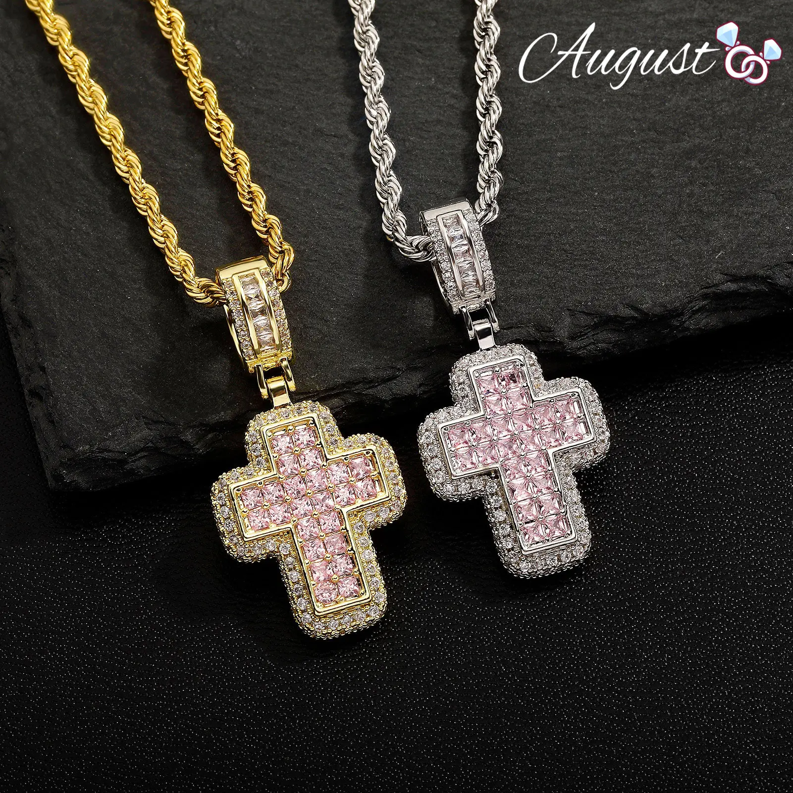 Unisex Hip-Hop Cubic Zirconia Simulated Gem Cross Pendant Necklace with Cuban Link Twist Chain, Casual Daily Wear Auspicious Couple Jewelry Gift, Chain & Link Accessory, Cuban Link Chain, Everyday