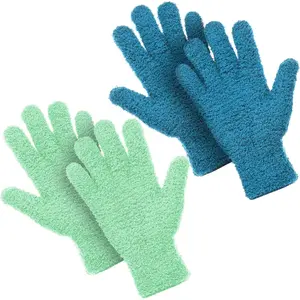 2 Pairs Microfiber Gloves for  Dusting Cleaning Glove Mittens House  Blinds Dusting(Blue, Grass Green, Large)