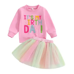 Toddler Baby Girl 2Pcs Birthday Outfits Toddler It's My Birthday Day Sweatshirt Tops Elastic Waist Tulle Tutu Skirt Party Dresses