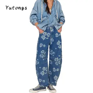 Women's Jeans with Pockets Stylish Floral Print Mid Rise Casual Barrel Leg Denim Pants