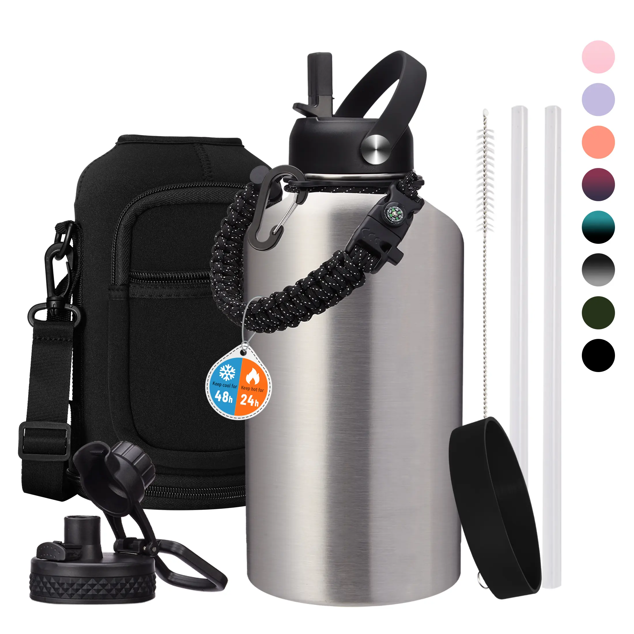 64oz Insulated Stainless Steel Water Bottle - BPA-Free, Leak-Proof Half Gallon Flask with Straw Spout Lid for Gym, Hiking, Black, Blue