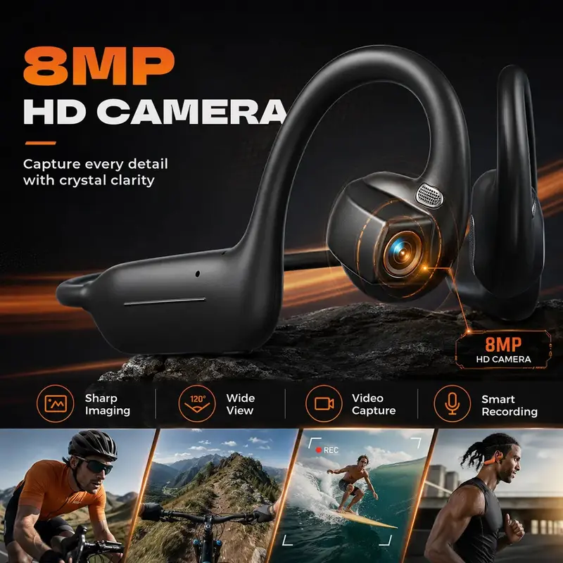 Lightweight Waterproof Headphones - Wireless Bone Conduction Wearable Camera Headset with 8MP EIS Stabilized Camera, 160+ Languages Instant Real-Time Translation, Touch & Button Control, AI Smart, Bluetooth-Compatible, IP65 Stereo for Sports & Daily Wear