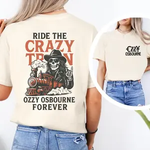 Crazy Train T-Shirt Ozzy Osbourne Forever Tee Rock Legend Graphic Shirt Retro Skull Train Concert Tee Heavy Metal Fan Gift 100% Cotton Graphic Design Digital Print For All Seasons Made in USA Soft Comfortable First Rate Shirts