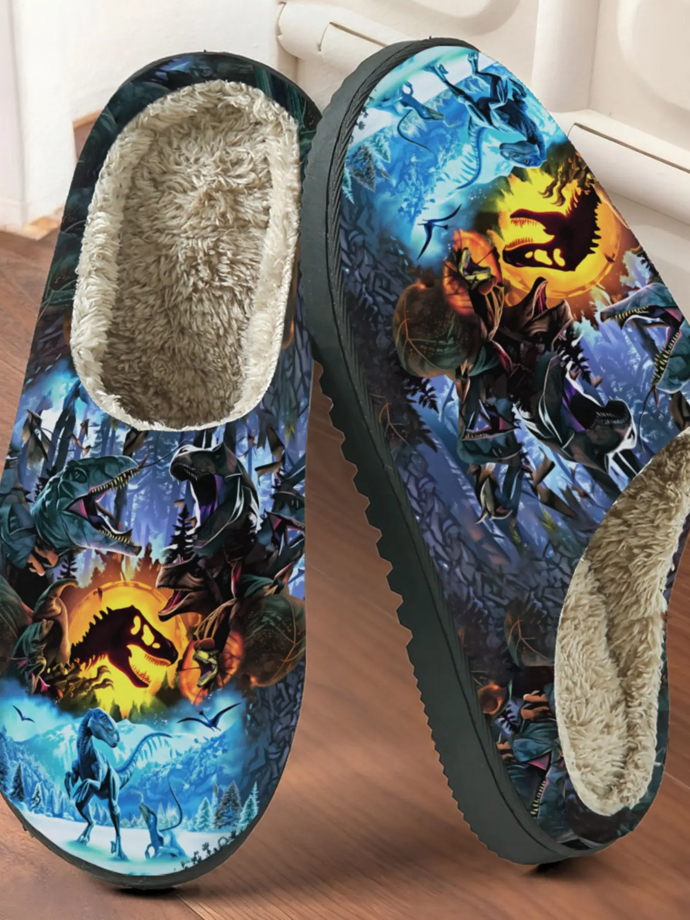 Prehistoric Dinosaur Print Cotton Slippers, Fuzzy Lined Anti-Slip Thick Rubber Sole, Home Warm Shoes for Men and Women, Fall & Winter