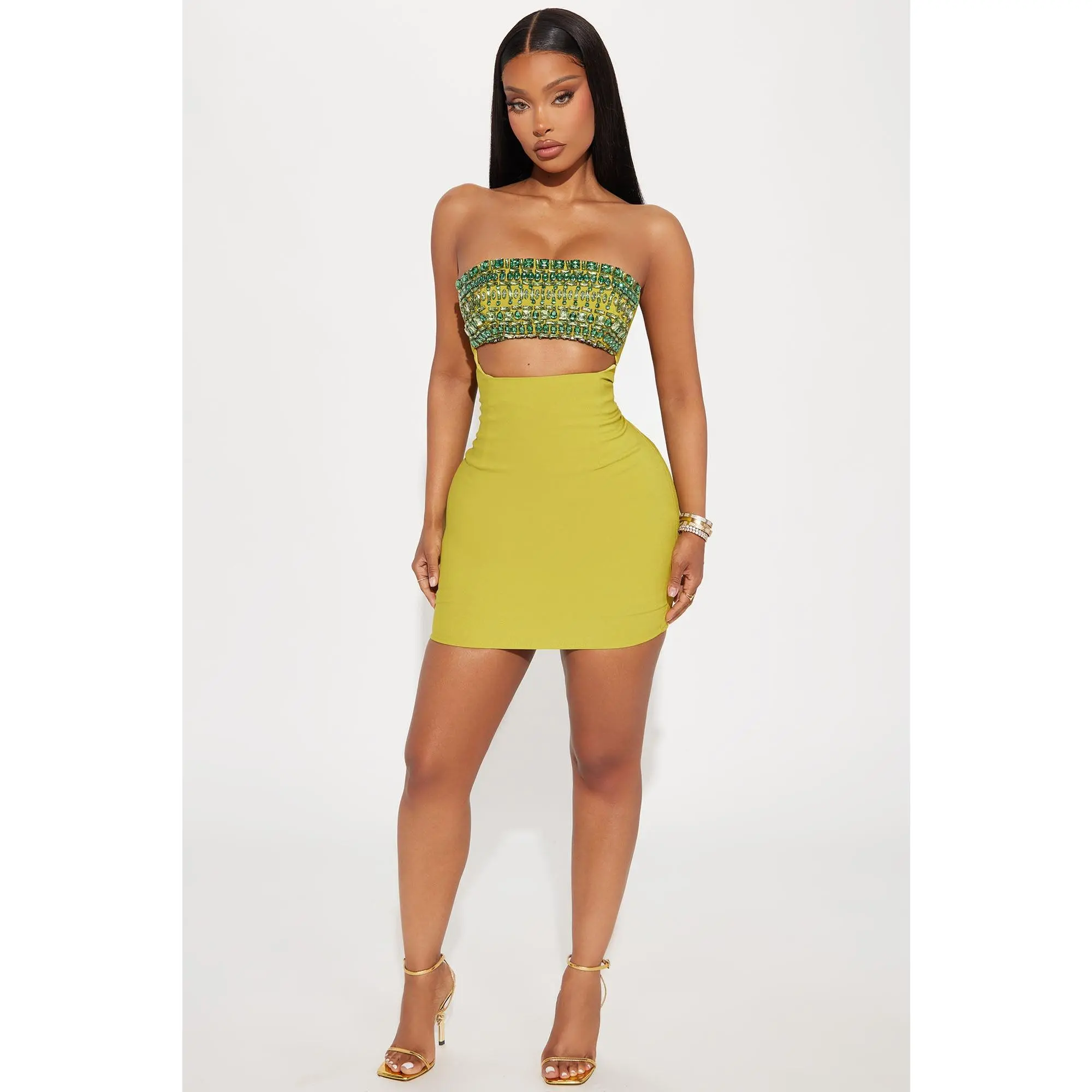 Piece of Love Rhinestone Mini Dress - Chartreuse