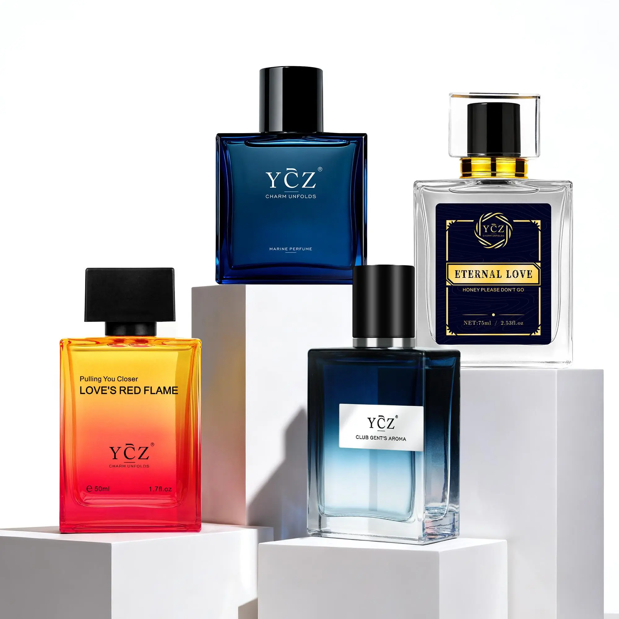 [YCZ] Men’s Night & Romance 4-Pre-Filled Cologne Gift Box Set - Midnight Marine, Club Gentle Aroma, Love's Red Flame, Eternal Love EDP with Marine Fougère, Spicy Woody, Arabian Musk Amber Notes, Long-Lasting for Dates, Parties, Premium Fragrance Set, Box,