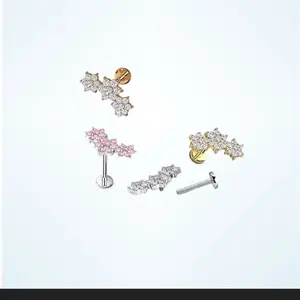Flat back stud triple flower, 16g labret stud Medusa Monroe lip top cartilage tragus helix surgical steel cz gems, internally threaded