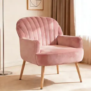 Velvet Accent Chair, Modern Upholstered Living Room Chairs, Luxury Single Sofa Armchair with Metal Legs, Comfy Barrel Chairs for Living Room, Waiting Room, Bedroom, Office and Cafe, Pink