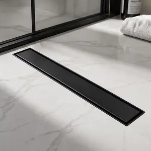 24 Inch Offset Linear Shower Drain with Reversible Flat & Tile Insert Cover, 304 Stainless Steel Matte Black Shower Floor Drain with Hair Strainer and Leveling Feet for Bathroom Laundry Balcony, Matte Black Color Options, Product Weight: 3.60 lb
