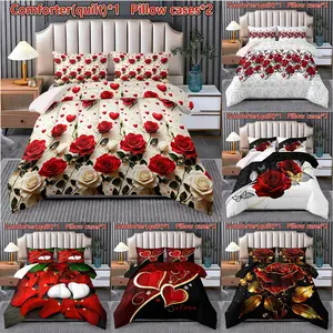 3pcs Rose Quilt Set, Romantic Floral Bedding, Bedroom Decor Three-Piece Set, One Quilt Two Pillowcases, Home Decoration