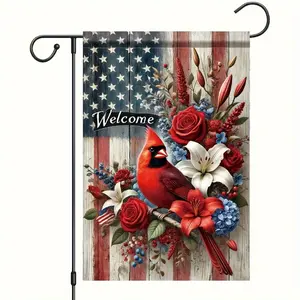 Patriotic Welcome Garden Flag - 18x12 inches, featuring a vivid design of a red cardinal and the American flag, perfect for outdoor yard decoration. Pole not included, suitable for outdoor decoration