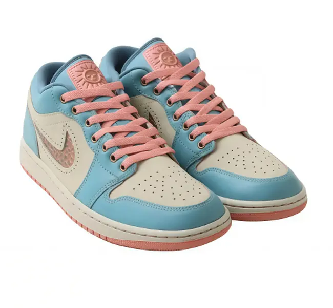 Unisex Low Top Retro Casual Sneakers Light Blue & Cream Leather Patchwork Lace-Up Shoes Cushioned Gum Outsole Comfort Street Trainers With Pink Laces For Men And Women
