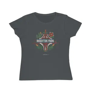 This Brighton Park Chicago fitted graphic t-shirt is made from organic, fair trade cotton, designed for everyday streetwear and shaped by culture, labor, and place, with a focus on sustainability, comfort, durability, and local Chicago design.