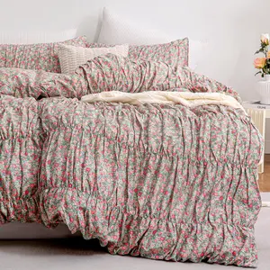 Pink Floral Ruched Duvet Cover Queen Size 100% Cotton Farmhouse Bedding Sets Vintage Flower 3 Pcs Comforter Cover for Girls Room All Season