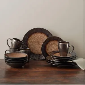Verona 16-Piece Dinnerware Set Service for 4 Elegant Brown Glazed Ceramic Plates Bowls & Mugs