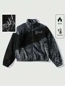 Men's Leopard Print Patchwork Jacket Coat, Fall Winter Fitted Long Sleeve Outerwear, Casual Trendy Coat, Casual Colorblock Geometric Pattern