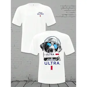 Men's Loose Crewneck T - Shirt - Michelob Ultra Cool Dog (Sunglasses & Cap) Graphic, 180g Soft Cotton Tee