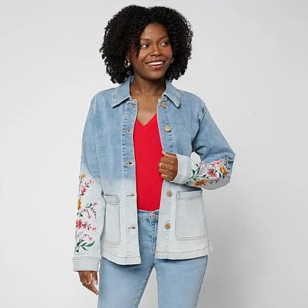 DG2 by Diane Gilman Ombre Dyed Embroidered Sleeve Denim Jacket