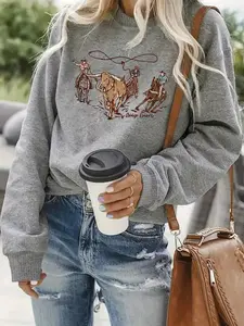 Autumn Winter Retro Western Cowboy Bull Riding Print Round Neck Sweatshirt, Casual Fitted Top, Unique Personality Clothing