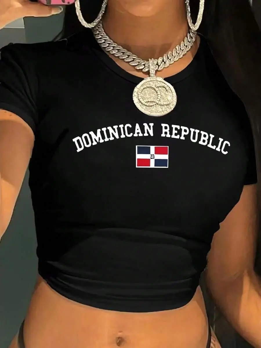 Womens Dominican Republic Letter And Graphic Crop Shirt Polyester Fabric  Sleeve Crew Neck Y2K Top short shir mp story tee
