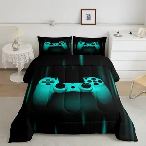Feelyou Gamer Comforter Set - Teal Black Video Game Geometric Comfy Bedding Set, Breathable Microfiber Bedding Decor, Super Soft Quilted Duvet Gift for Teens