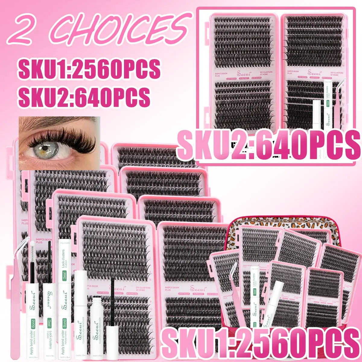640pcs/2560pcs Natural Eyelash Extension Kit, Diy Eyelashes Kit, False Eyelash Extensions, DIY Lash Clusters, Eyelash Cluster Set, Soft Lightweight, Long Lasting 48h, Includes Bond&Seal &Remove&Eyelash Tweezers, DIY at Home, Perfect for Beginners