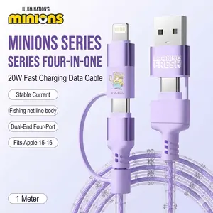 Minions Series 4-in-1 20W Fast Charging Data Cable — 1-Meter Length | Stable Current | Braided Mesh Design | Dual-End, Four-Port Configuration | Compatible with Apple 15-16 (Lightning-to-Type-C, Lightning-to-USB, Type-C-to-Type-C, Type-C-to-USB)