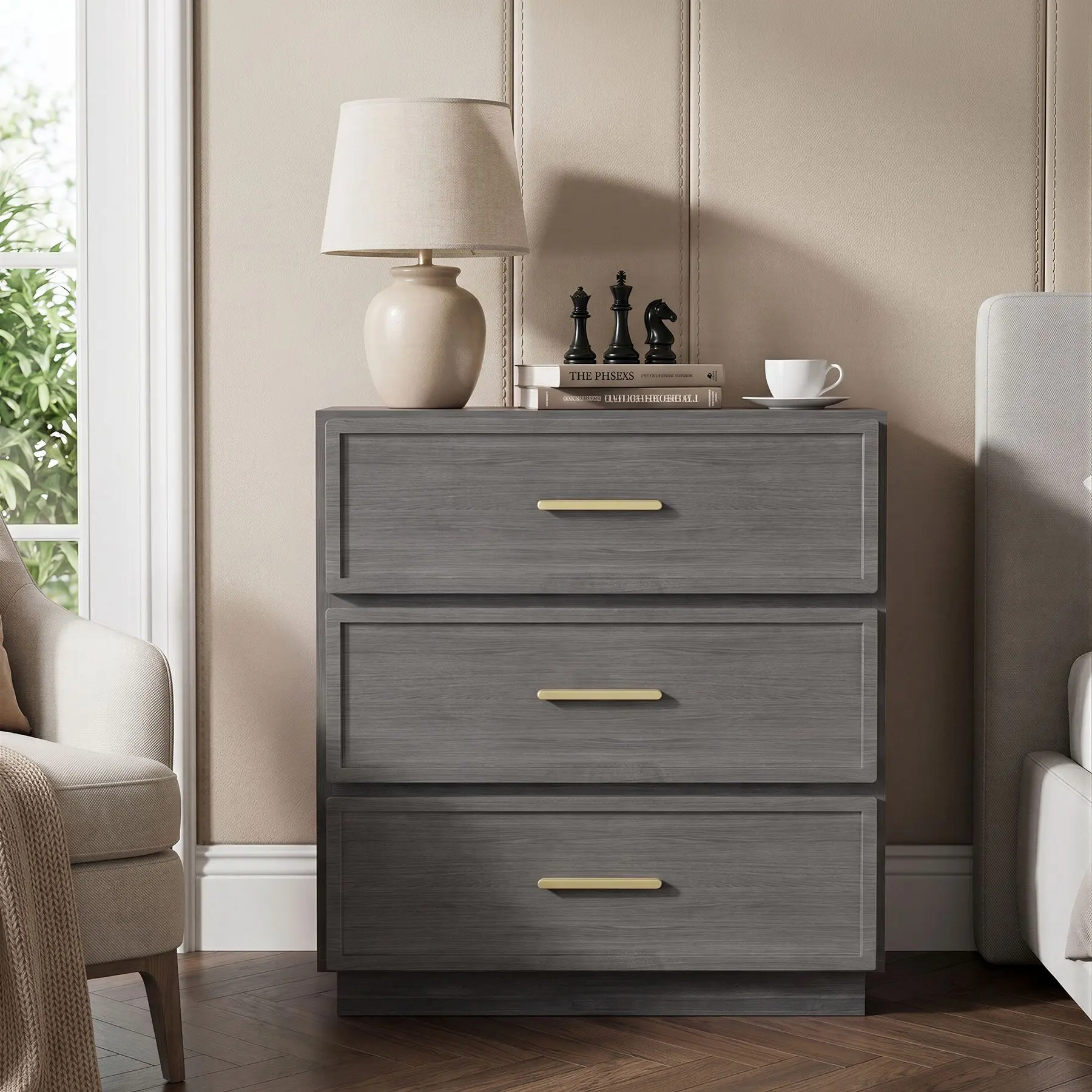 3-Drawer Wood Nightstand with Storage, Modern Bedside Table with Gold Handles, Bedroom End Table Available in Single or Set of 2