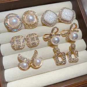 6-Pair CZ & Faux Pearl Earring Set, Gold Tone Assorted Studs with S925 Silver Posts, Fashion Jewelry for Women