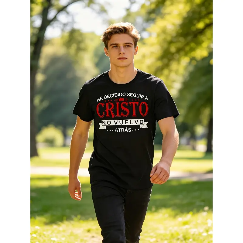 Men's Oversized Bilingual English-Spanish "I Decide to Follow Christ" Christian Cotton T-Shirt - Bold Red Lettering Verse, Soft Breathable Black Round Neck Shortsleeve Menswear Church Casual Graphic Tee
