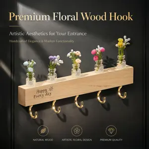 Cute Plant Keychain Holder (Wall-Mounted).No-Drill Solid Wood Key Holder for Wall, Aesthetic Entryway Organizer with 5 Metal Hooks & Mini Flower Vase. Self-Adhesive Wall Mounted Rack, Renter-Friendly Home Decor for Entryway & Hallway