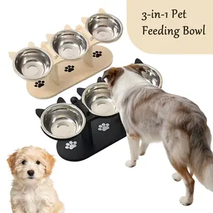 Elevated Cat Food Bowl – 15° Tilted Pet Feeder for Cats & Small Dogs, Adjustable Height Stand with 3 Stainless Steel Bowls – Raised Dog Water Bowls, Space-Saving Design