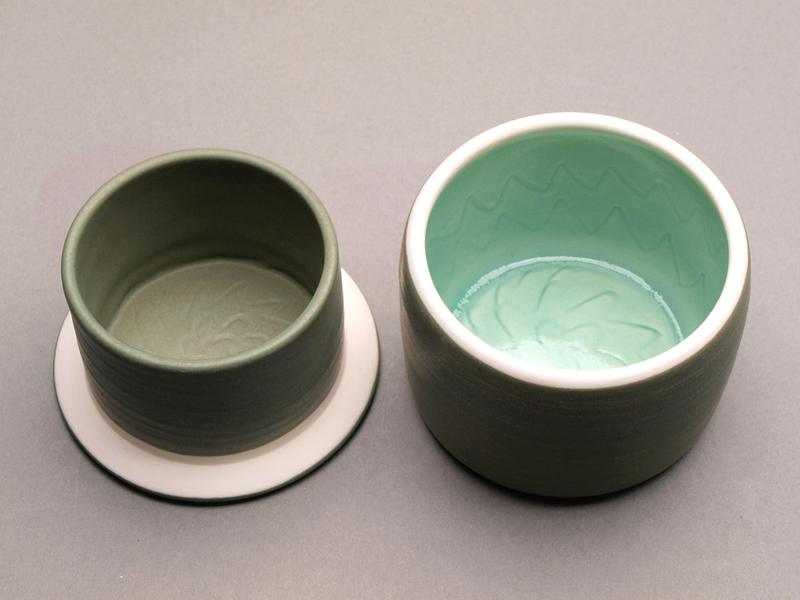 Handmade Ceramic Butter Crock Jar/dish with Sea Turtle Lid. Sage Green color, Turquoise  "Turtle in the Waves" Motif Design Top.