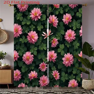2pcs Pink Chrysanthemum & Green Leaves Curtains
