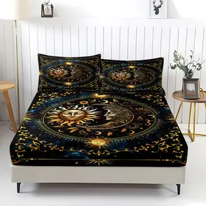 3 Pcs Sun and Moon Planet Fitted Sheet Set  (1 Fitted Sheet, 2 Pillowcases) ,Boho Hippie Style Bedding Sheet, Starry Night with Astrology Pattern Sheet Set for Adults