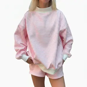 Women's 2 Piece Lounge Set Oversized Striped Mock Neck Long Sleeve Sweatshirt and Shorts Matching Sweatsuit Casual Outfits