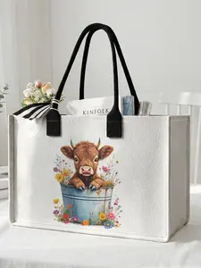 1 piece of 2D printed large-capacity storage bag with a pattern of a calf and flowers, extra large storage bag, sturdy handle, space-saving and multi-purpose, suitable for use at school, on business trips, and shopping