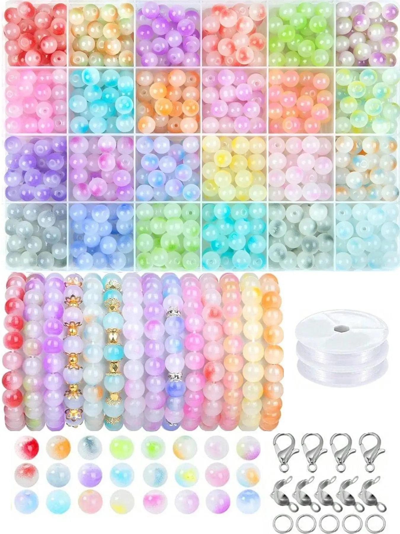 Colorful Glass Beaded Kit, Diy Jewelry Making Kit, Including Beads, Elastic Thread, Lobster Clasp, Jewelry Making Accessories for Bracelet & Necklace