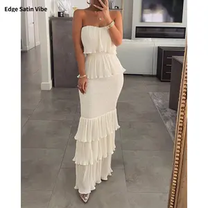 Fashionable and sexy women's dress, solid color, sleeveless, strapless, ruched, pleated, ruffled long skirt