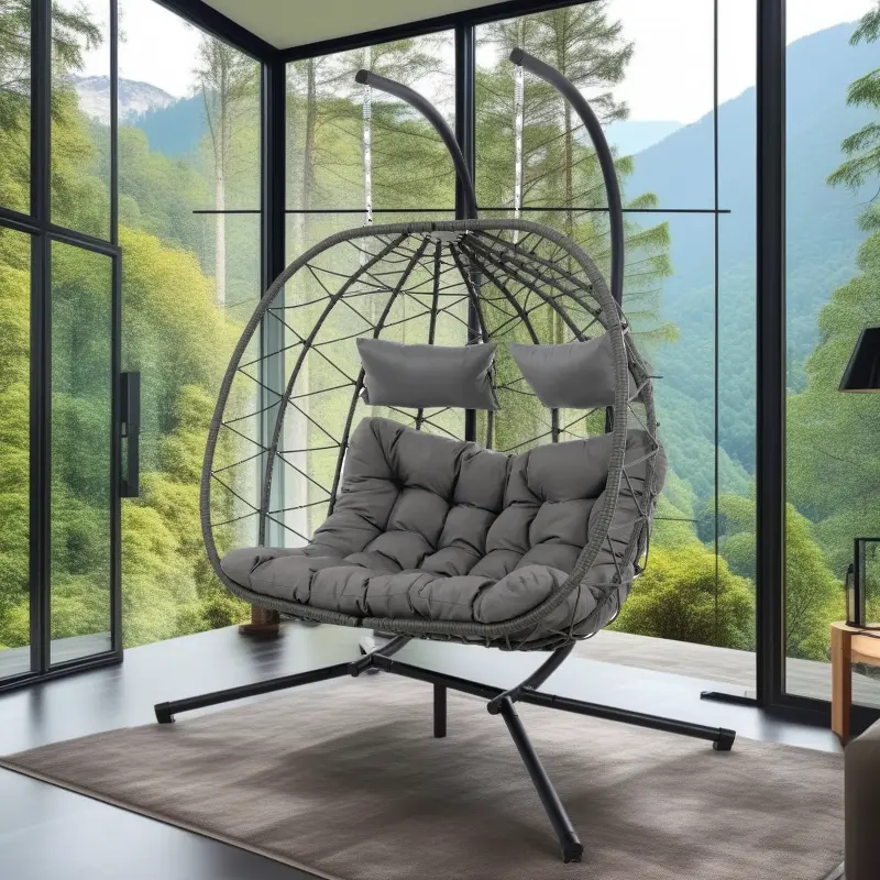 2-Person Wicker Hanging Egg Chair with Stand - Modern Home Lounge Chair for Indoor Outdoor Use (Bedroom, Balcony)