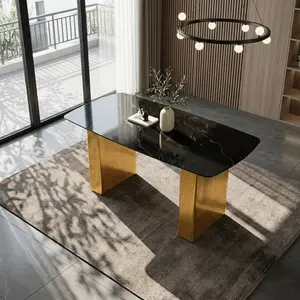 Modern Rectangular Dining Table with Tempered Glass Marble-Pattern Top, Dual-Pedestal Metal Base, Spacious Table for Kitchen, Dining Room, Living Room and Home Office