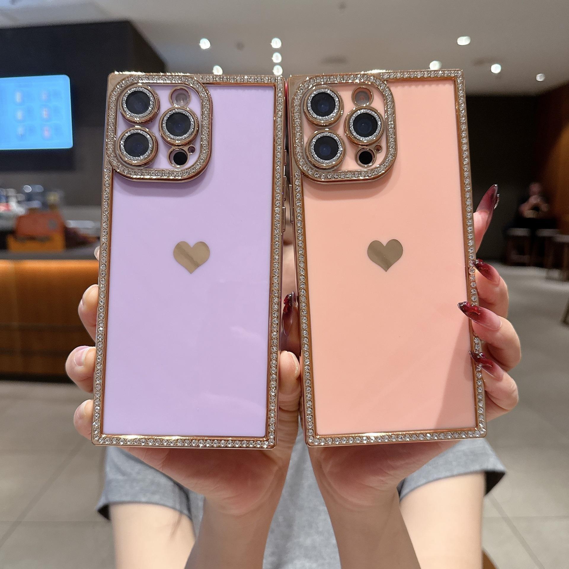 Luxury Rhinestone Square Edge Phone Case, Bling Diamond Full Camera Protection Shockproof Cover with Heart Design for IP 16 Pro max, 15 plus, 14, 13 junk
