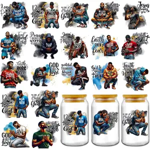 UV DTF Cup Wraps - 20 Sheets Black Man Pray UV DTF Tumbler Wrap for 16 oz Glass Coffee Mug, Christian Inspirational Quotes Transfer Stickers Decals DIY Water Bottle Journal Bumper Craft Decoration Crafts Cup Stickers