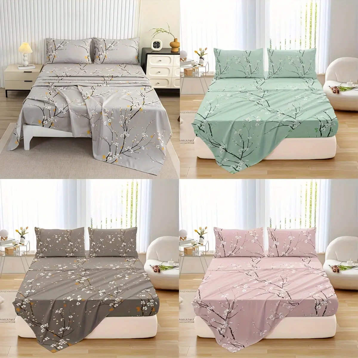 4pcs Multicolour Tree Branch Plum Blossom Sheet Protector Bed Sheet Pillowcase Four-piece Set (1 Bed Cap +1 Bed Sheet +2 Pillowcase Without Pillow Core), Deep Pocket In 15 Inch, Bedroom Dormitory High Definition Printing Room Decor
