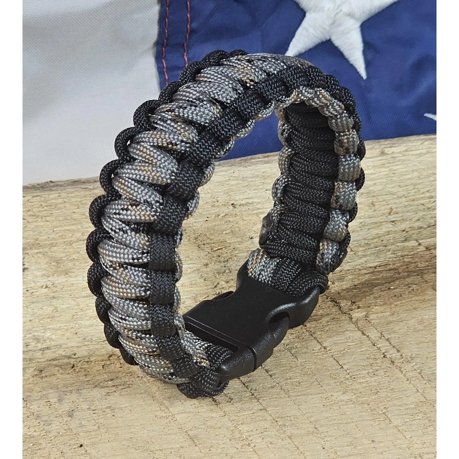 Men's Cobra Weave Paracord Bracelet – Silver Camo - Black Trim - Black, Plastic, Buckle
