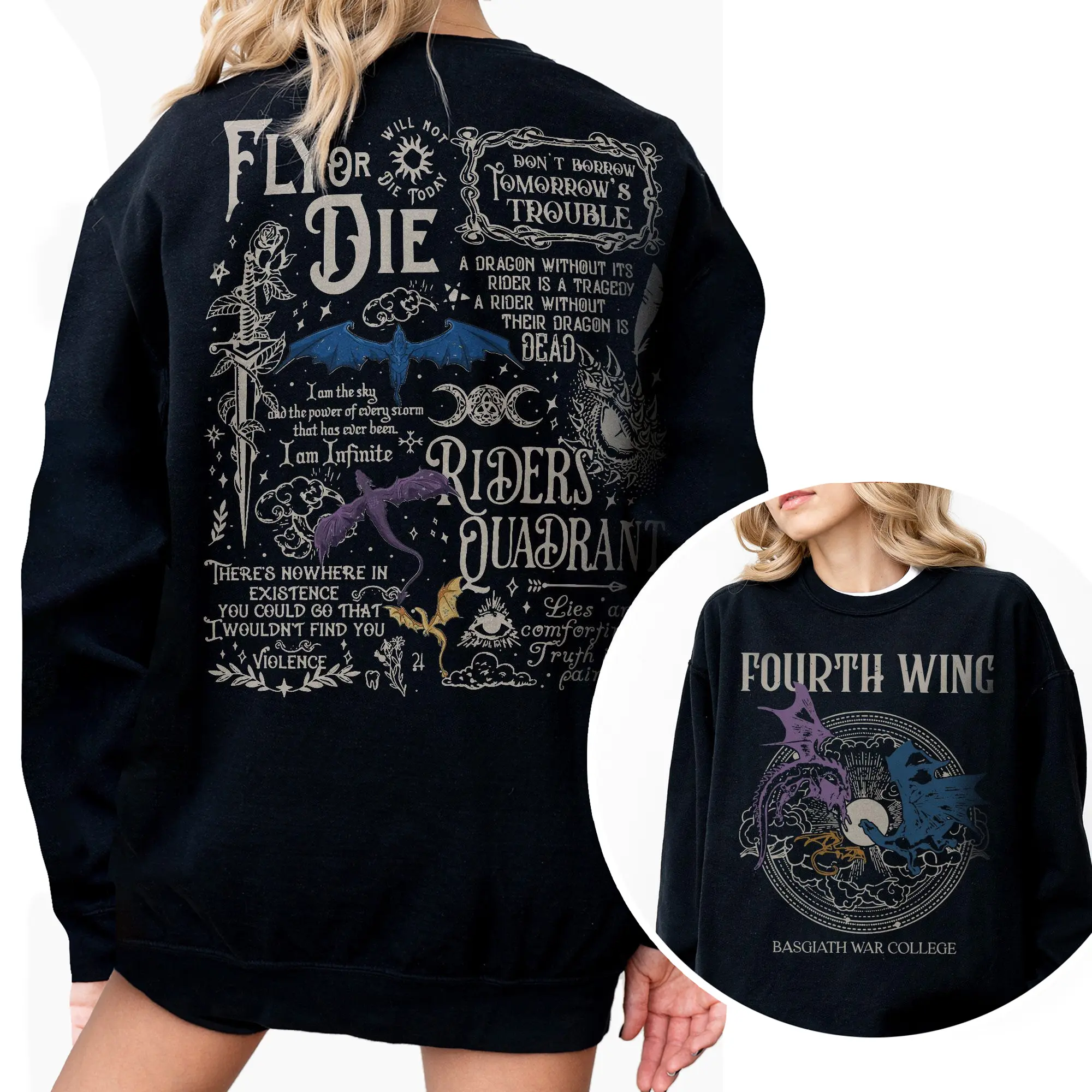 Vintage Basgiath War College 2 Sided Shirt, Fourth Wing Shirt, Dragon Rider, Violet Sorrengail Xaden Riorson Shirt, Fantasy Bookish Shirt Crewneck Top
