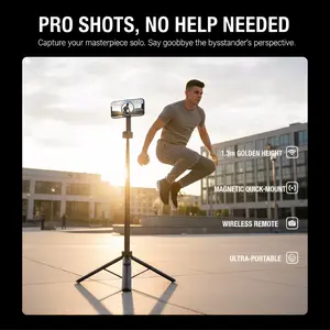 51" Magnetic Selfie Stick Tripod,Strong Magnetic Aluminum Phone Stand&360° Rotatable,Travel Tripod for Magsafe with Metal Ring/Remote/Tripod for Selfies/Live/Video Recording-Black